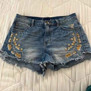 Free People - Distressed, Embroidered Cutoff Jean Shorts Size 27